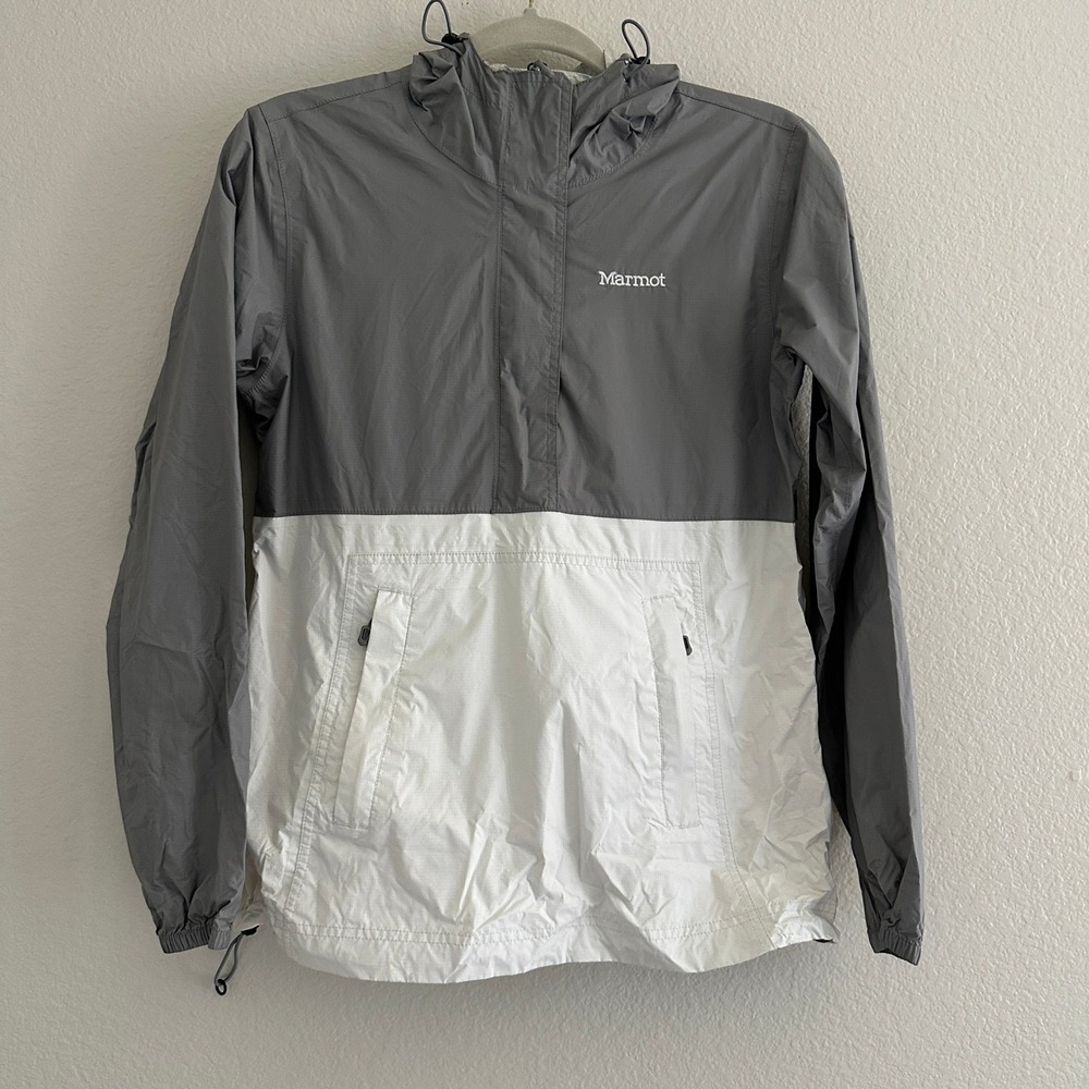 Marmot Anorak Windbreaker Jacket Womens XS Grey White Colorblock Hooded Pullover
